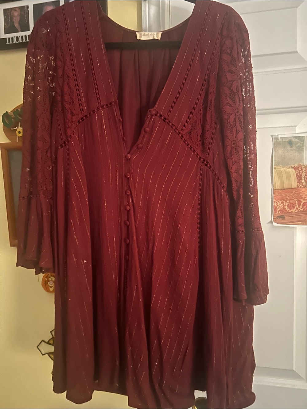 Altar'd State Burgundy Lace-Trim V-Neck Tunic Dress